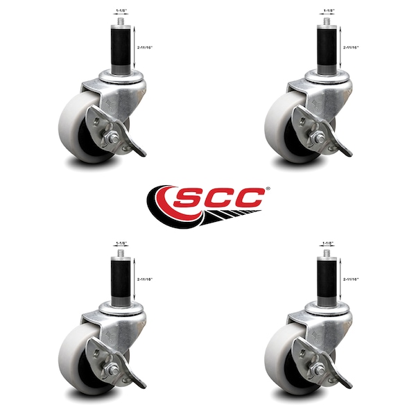 2 Inch Thermoplastic Wheel 1-1/8 Inch Expanding Stem Caster with Brakes, 4PK